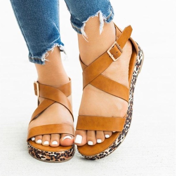 Cognac Leopard Sole Faux Leather Sandals - Picture 2 of 4